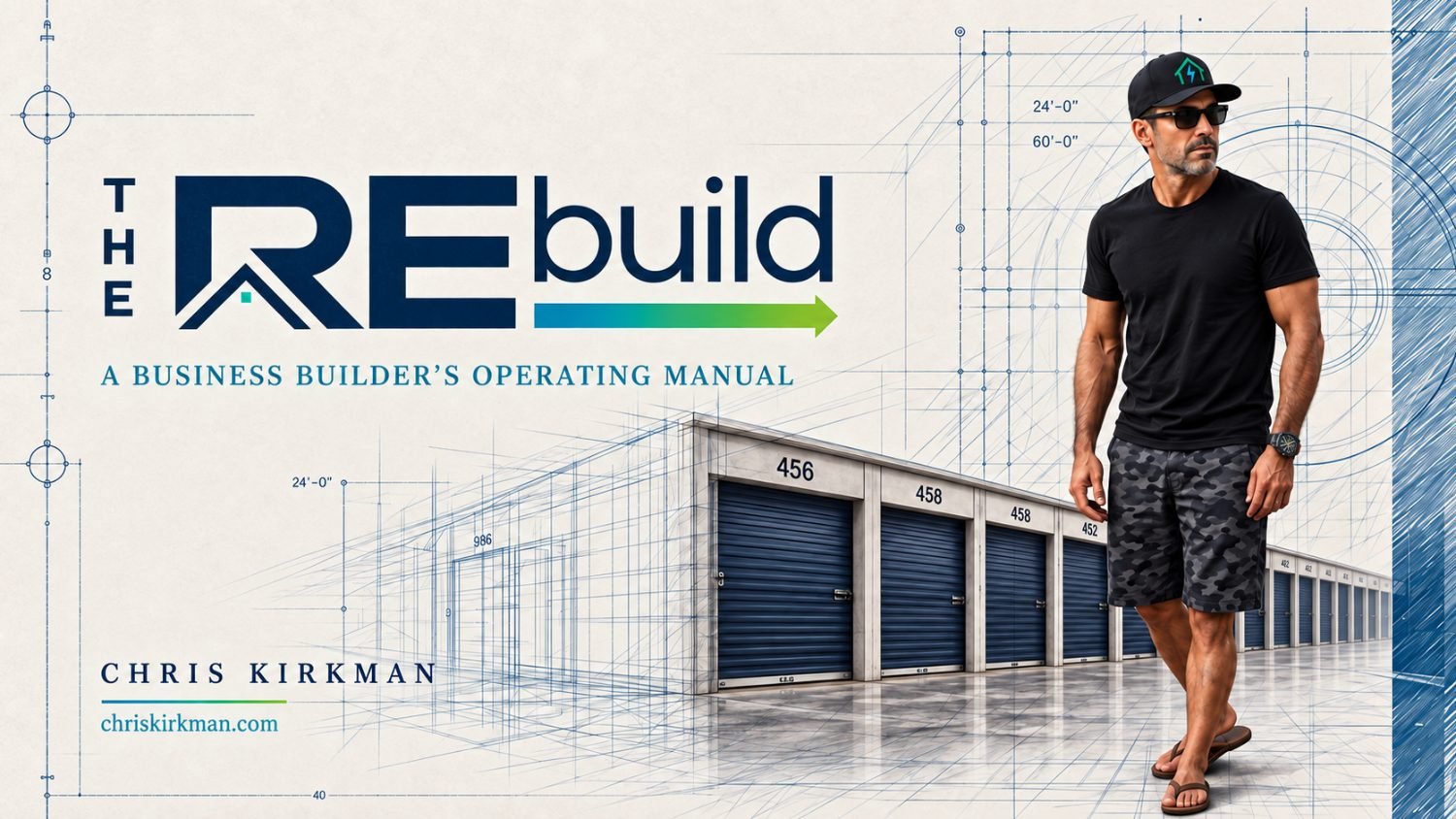 The REbuild: A Business Builder's Operating Manual, by Chris Kirkman. Chris walks a row of storage units drawn as a blueprint, unit 456 in the foreground.