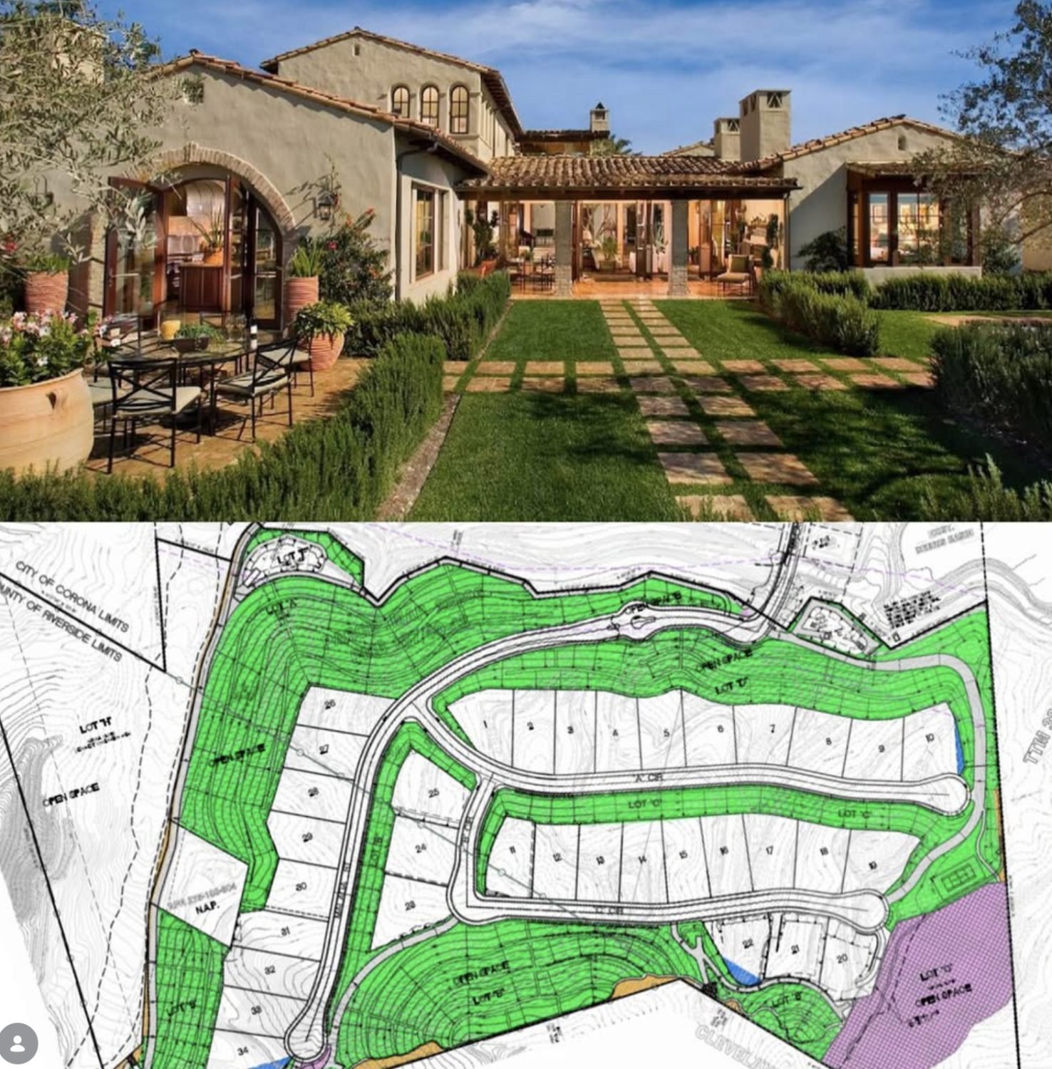 A residential development tract map and completed home