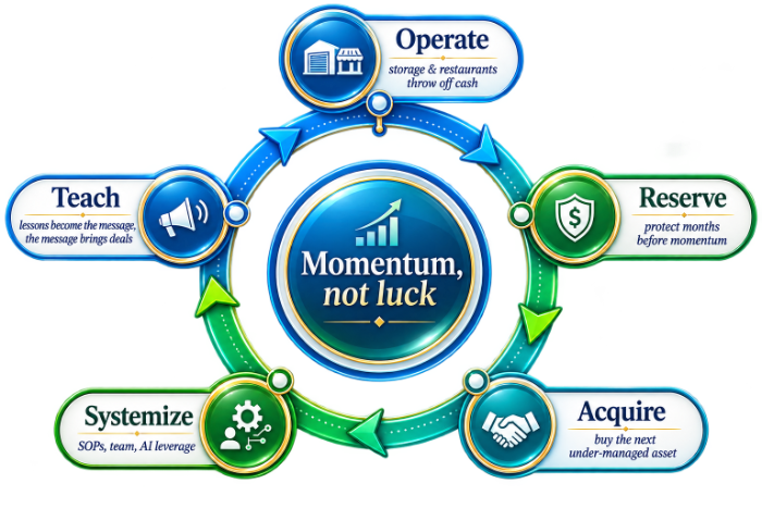 The momentum flywheel: Operate, Reserve, Acquire, Systemize, Teach, turning around the center Momentum, not luck