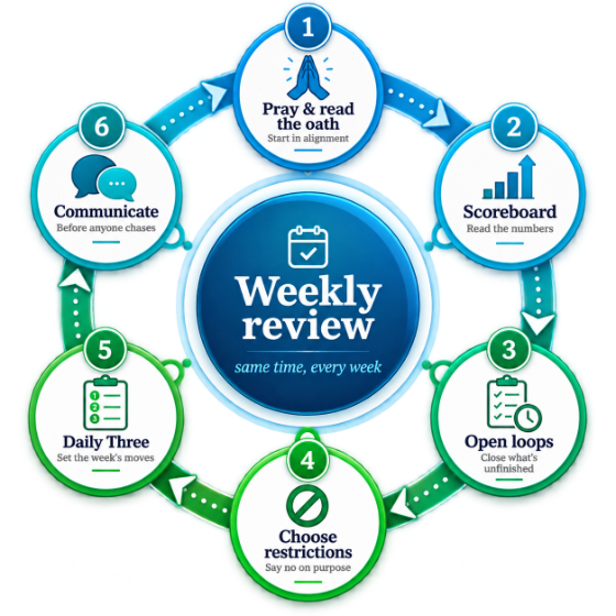 The weekly review loop: pray and read the oath, scoreboard, open loops, choose restrictions, set the Daily Three, communicate