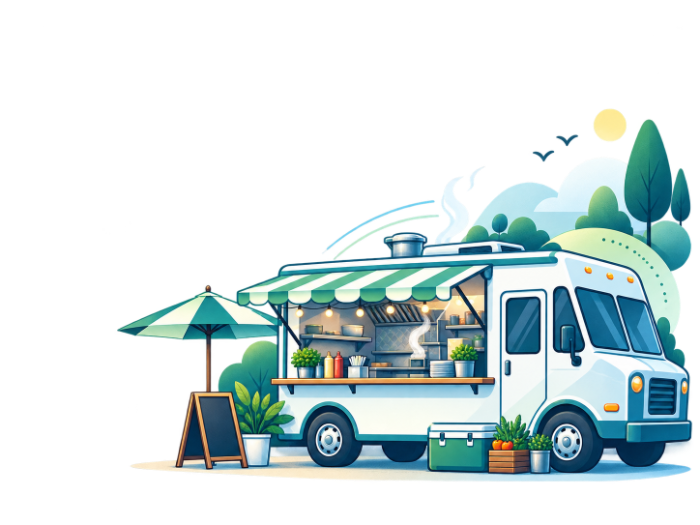 A food truck with its awning open and menu board out