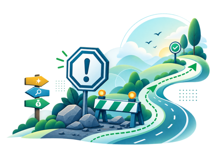 A warning sign and roadblock beside a road that detours around them and climbs on