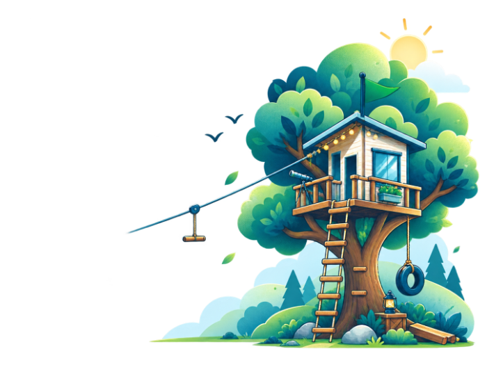 A treehouse with a front ladder, zipline and tire swing