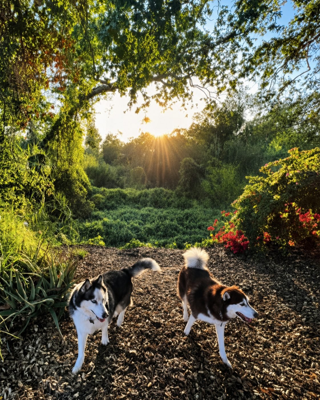 Two huskies in a garden at golden hour