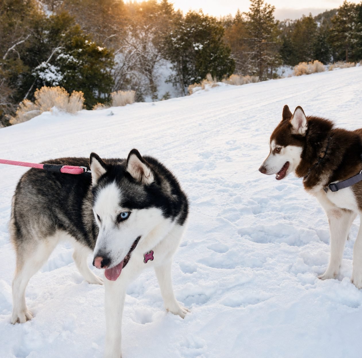 Two huskies in the snow at sunrise