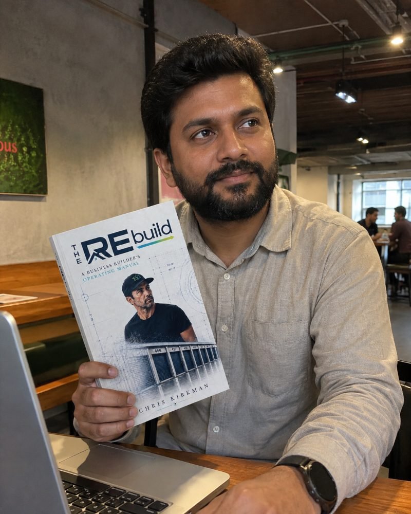 A reader holding The REbuild in a cafe