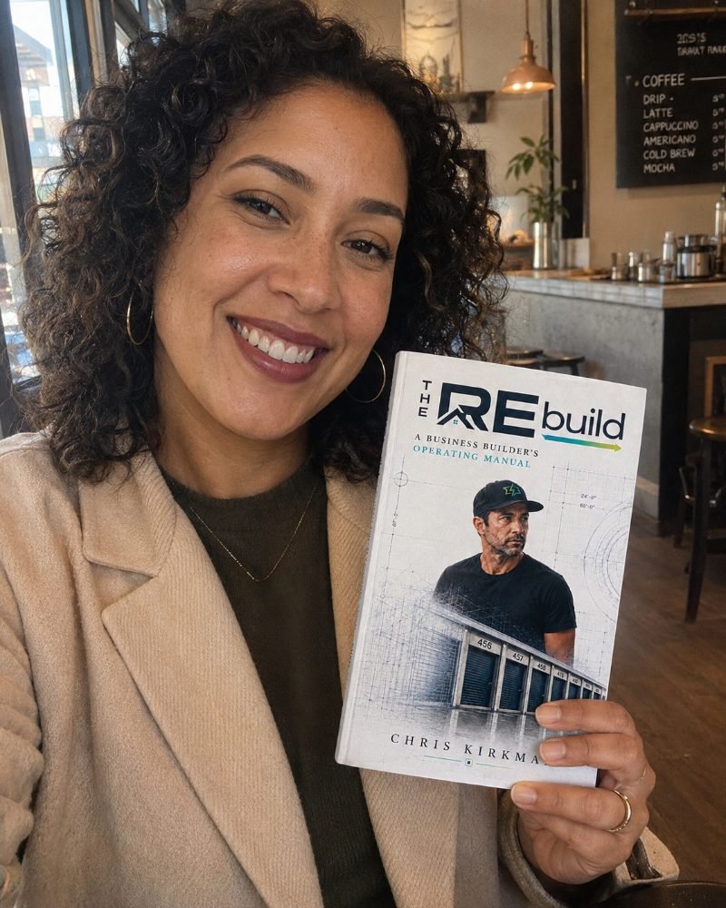 A reader holding The REbuild in a coffee shop