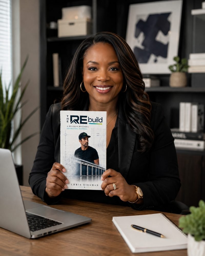 A broker holding The REbuild at her desk